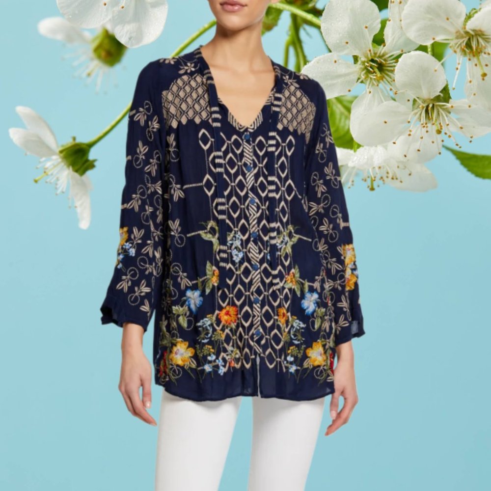 NWOT Johnny Was Luca Multi Embroidered Long Sleeve Button-Front Blouse